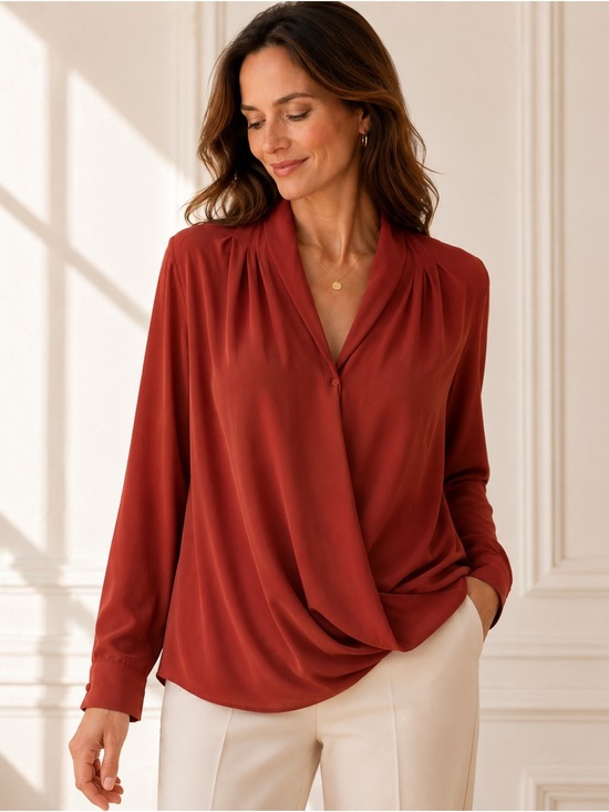 MM Lafleur Tops - M.M.LaFleur | Draped Faux Wrap Blouse | L | Rust Coral